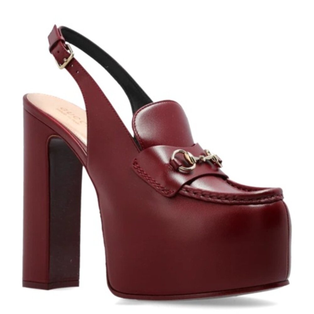 Gucci Women Horsebit Loafer 145MM Platform Slingback Burgundy Pumps